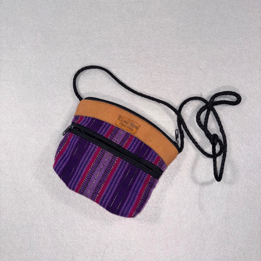 Costa Rica Pura Vida Woven Crossbody Bag Purple Striped Boho Travel Pouch Bag